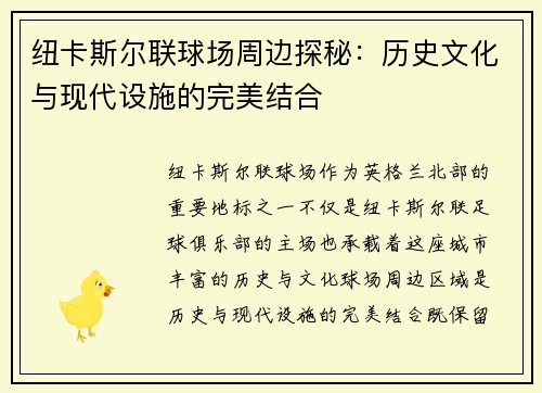 纽卡斯尔联球场周边探秘：历史文化与现代设施的完美结合